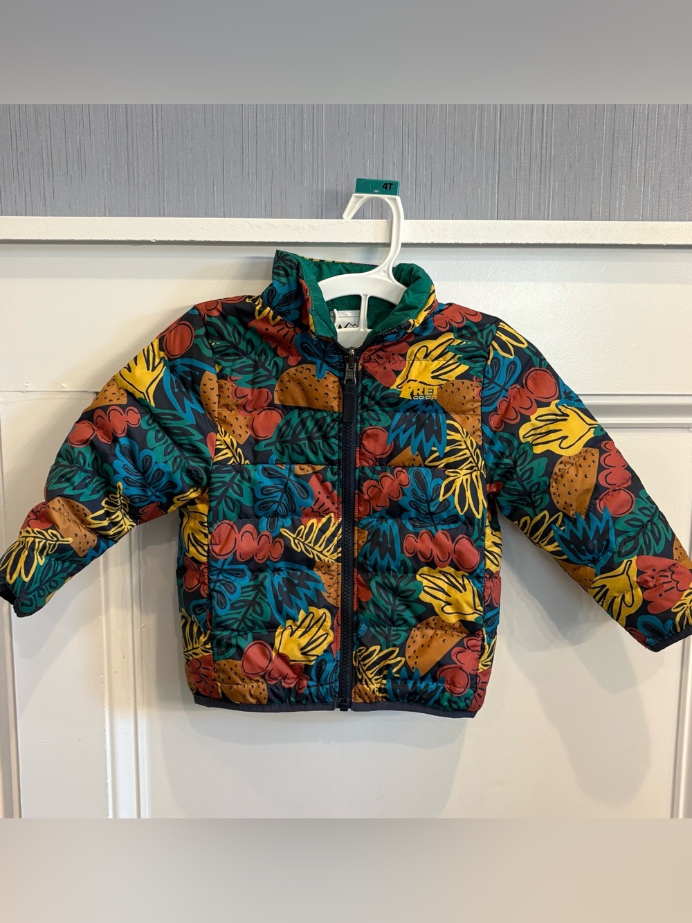 Kids REI Colorful Puffer Jacket with Leaf Print Reversible 3t